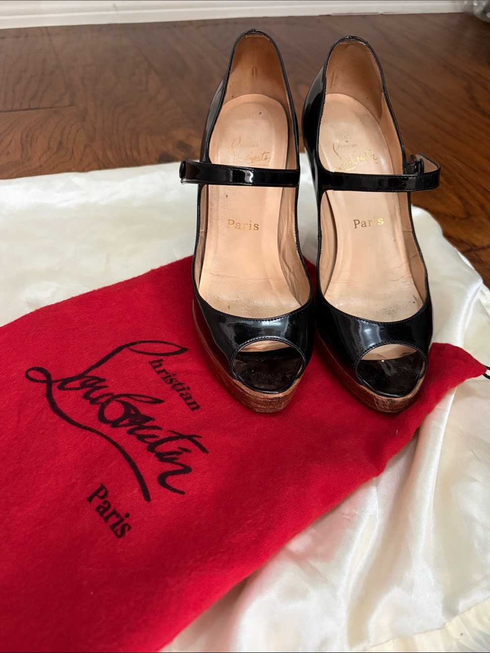 Christian Louboutin Black Patent Peep-Toe Mary Jane Platform Pumps